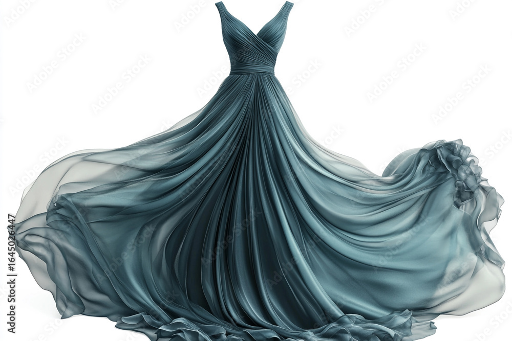 Naklejka premium Elegant teal flowing evening gown with delicate pleats and romantic ruffles for special occasions