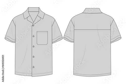 Men's Camp Collar Shirt with Extended Yoke. Revere Collar Shirt with Back Panel Detail. Grey Short Sleeve Shirt Technical Drawing.