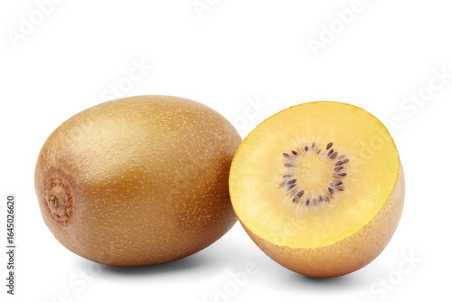Fresh whole golden kiwi fruit and cut kiwi fruit to reveal juicy yellow flesh and seeds. isolated on white background.