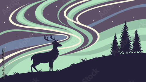Deer silhouette under aurora borealis northern lights landscape illustration vector graphic design art
