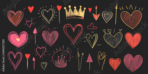 Hand drawn chalk style colorful hearts, arrows, and crowns set with sketch scribble design elements for love and romantic themed graphics on dark background vector illustration