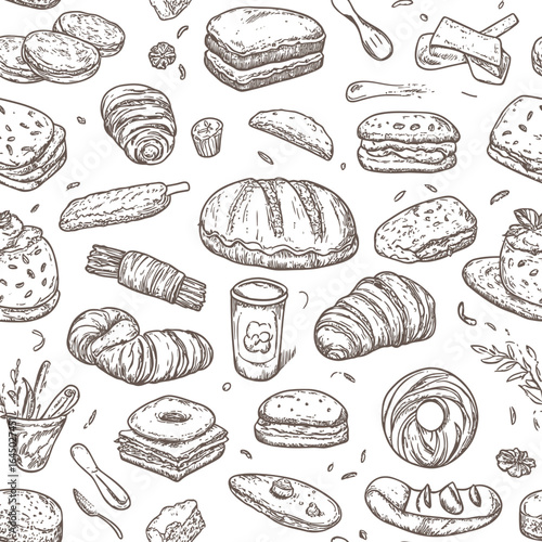 Seamless hand drawn bakery food pattern with bread croissant cake pastry donut coffee cup and sandwich illustration in doodle sketch style on white background