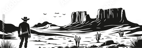 Silhouette cowboy standing in desert landscape with cacti mesas and birds southwestern american wild west engraving style vector outline black and white