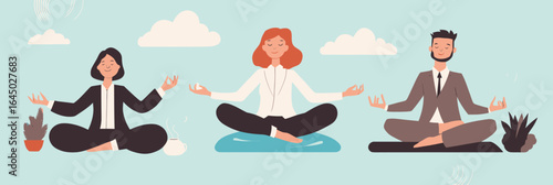 Business people meditating in lotus pose with eyes closed sitting on mats outdoors for stress relief and mindfulness at work, flat vector illustration
