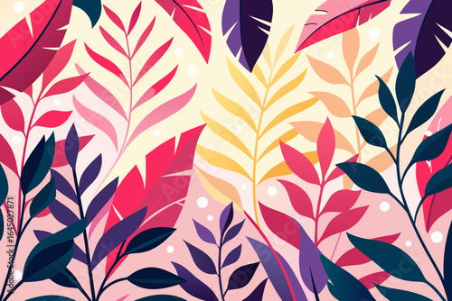 Vibrant tropical leaves in a modern, stylized pattern with warm pastel hues, perfect for creating an exotic and energetic atmosphere in any design project.