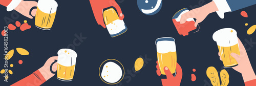 Top view hands holding various glasses and mugs of beer celebrating Oktoberfest flat minimalist vector illustration beer festival toast concept design background with hops and barley elements