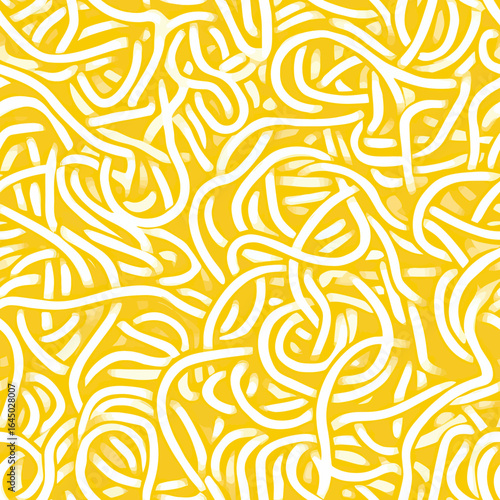 Seamless pattern of tangled yellow and white noodle pasta strands with curvy abstract shapes and flat minimalist design for food background or wallpaper