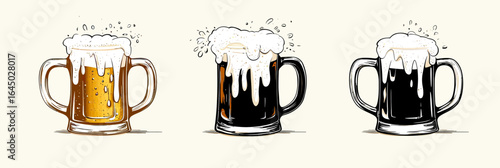 Set of three beer mugs with overflowing foam splash in flat minimalist vector style with light, dark, and black beer varieties clinking for celebration or pub theme
