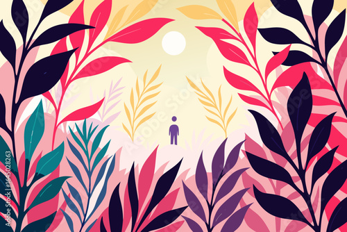 Vibrant abstract foliage frames a solitary figure under a bright sun, evoking journey, nature, and personal growth in a modern, stylized landscape.