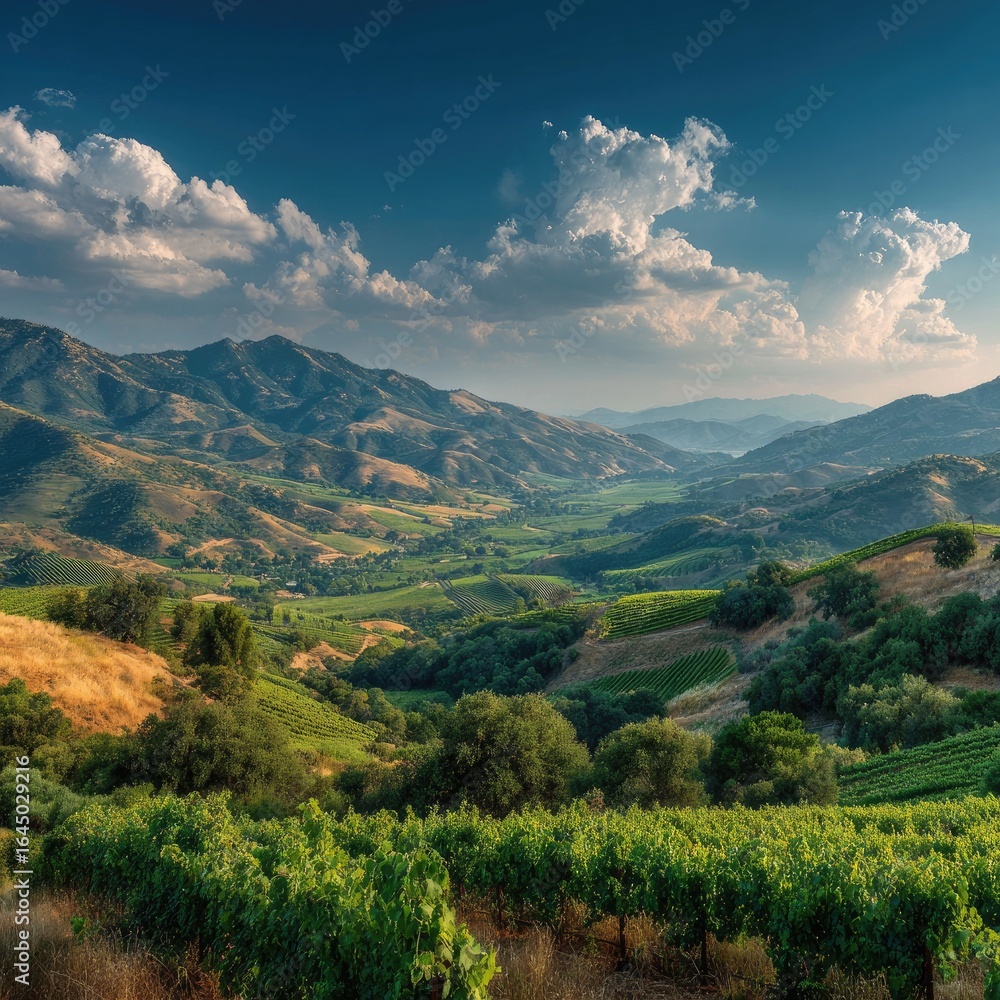 Naklejka premium Panoramic vineyard valley scene. Sunlight bathes rolling hills