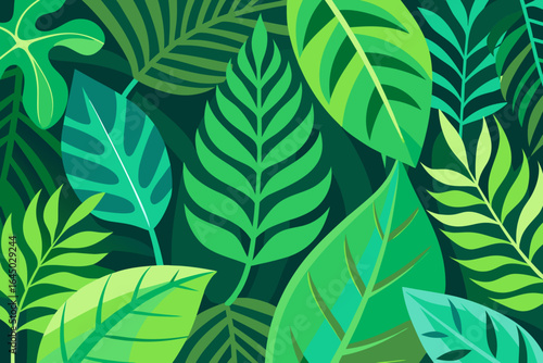 Immerse yourself in the vibrant lushness of a tropical jungle with this stunning collection of stylized green foliage, perfect for creating an exotic and refreshing atmosphere in your designs.