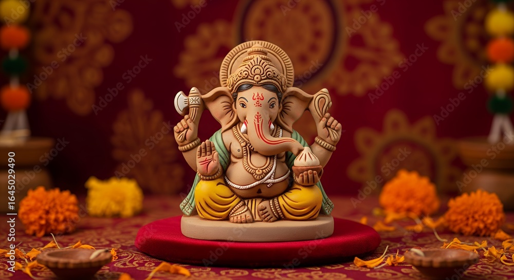 Fototapeta premium Happy Ganesh Chaturthi 2025 minimalistic poster with festive themed elements