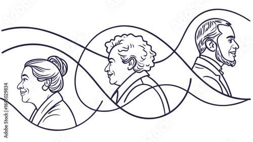 Famous historical figures line art drawing vector illustration for education and design projects exactly 100 chars