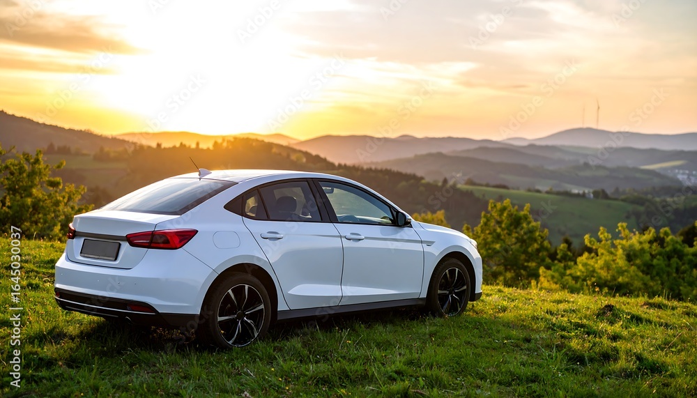 Fototapeta premium White car on grassy hilltop at sunset