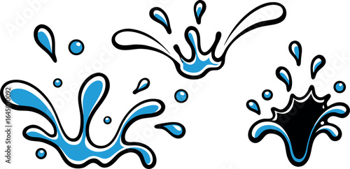 Dynamic water splashes in cartoon style, perfect for design projects, evoking freshness and movement, a vibrant illustration