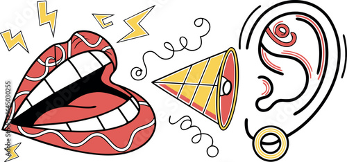 Foto Bold graphic illustration of loud mouth, megaphone, and ear, representing communication concepts and ideas