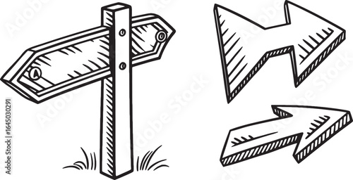 Hand-drawn directional signpost and arrows, perfect for navigation, travel, and wayfinding design elements