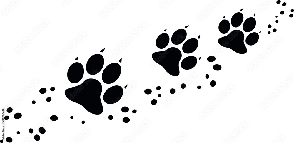 Fototapeta premium Dramatic animal paw prints trail across white background, creating a sense of adventure and movement