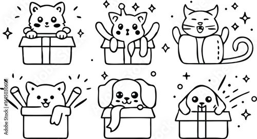 Adorable cartoon pets popping out of gift boxes puppy