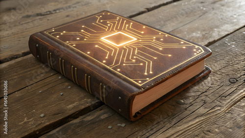 Technological Knowledge: A leather-bound book, its cover alight with a glowing circuit board design, rests on a weathered wooden surface, symbolizing the fusion of tradition and innovation.