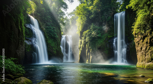 Majestic multi tiered waterfalls cascade down mossy cliffs into a serene jungle pool