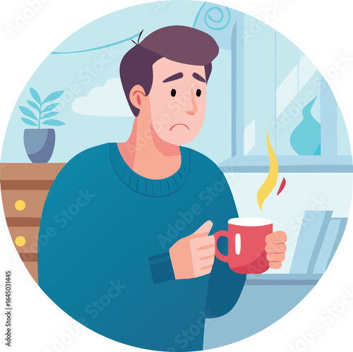 Sad Man Holding a Hot Drink in His Apartment Feeling Lonely and Depressed During the Day