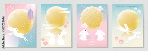 Happy mid autumn festival poster vector set. Wallpaper template with cute rabbit, moon, cloud, flower, moon cake on pink purple gradient background. Illustration design for cover, banner, card, ads.
