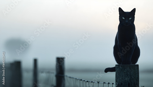 Black cat sitting on a fence post in the fog at dawn, Halloween  