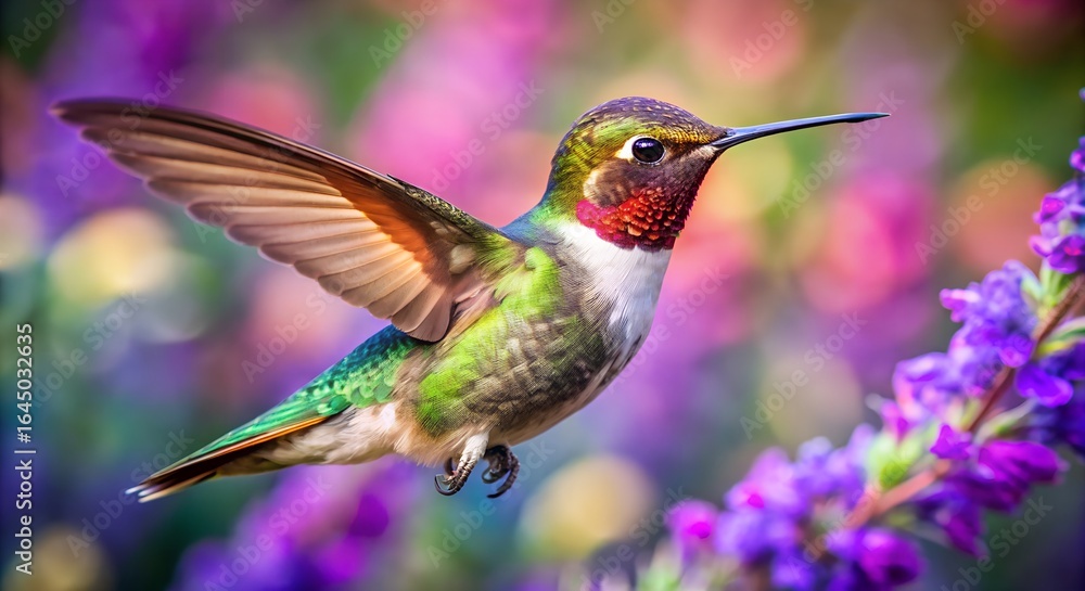 Fototapeta premium Vibrant Hummingbird in Flight Near Purple Flowers