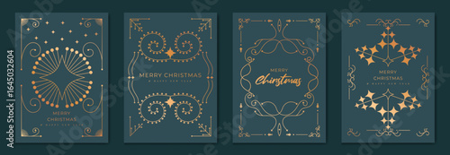Christmas greeting card vector set. Happy new year poster template with gold line christmas tree, leaves, art deco frame on navy blue background. Design for season holidays, cover, Happy New Year. 