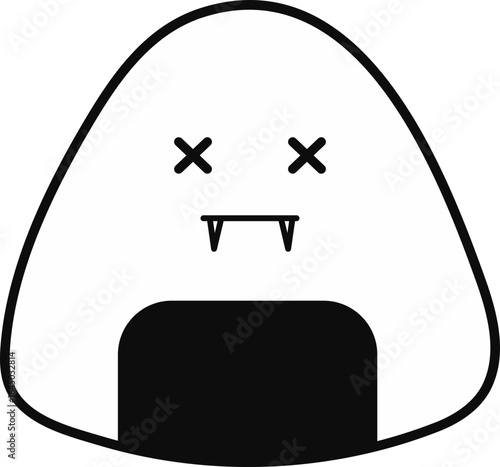 Black and white illustration of a kawaii vampire rice ball with fangs and X-shaped eyes, perfect for Halloween or fun food designs.