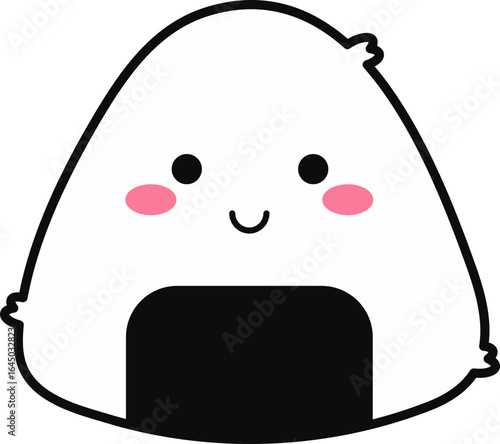 Adorable kawaii-style onigiri rice ball with pink cheeks and a happy face, perfect for Japanese food designs or playful graphics.