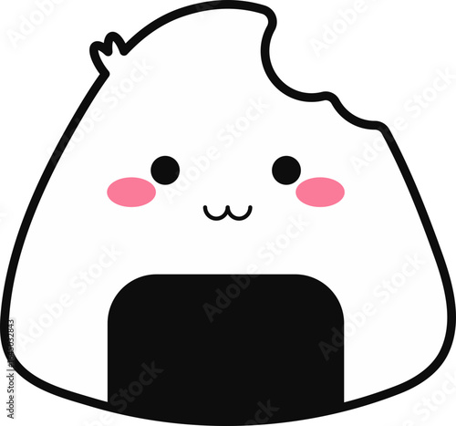Adorable kawaii-style onigiri rice ball with pink cheeks and a bite mark, perfect for playful Japanese food or snack designs.