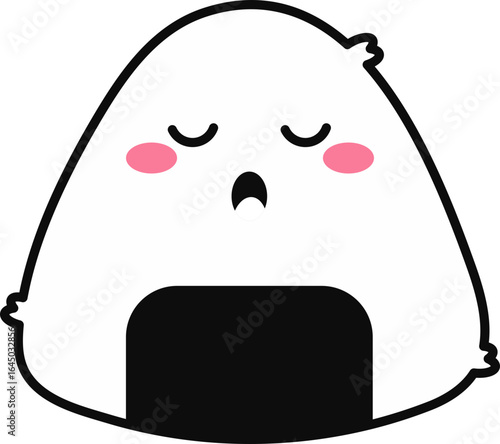 Adorable kawaii-style onigiri rice ball with closed eyes and pink cheeks, expressing a sleepy or relaxed emotion in Japanese food art.