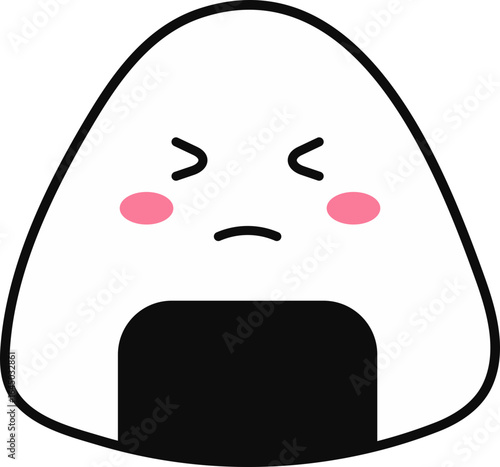 Cute Japanese onigiri rice ball character with pink cheeks and scrunched angry face, perfect for playful food-themed designs.