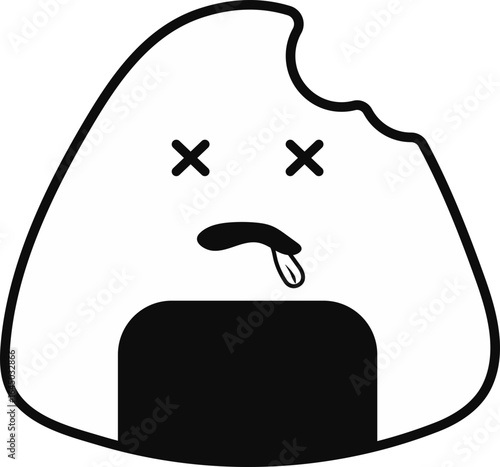 Funny black and white onigiri rice ball illustration with a bite mark, crossed eyes, and drooling mouth, resembling a dead expression.