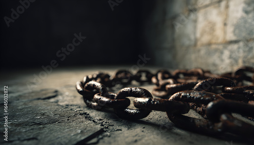 Rusty chains laying on the ground in dark basement environment concept of Halloween  