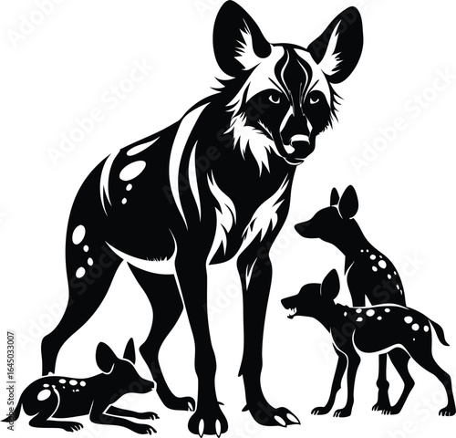 African Wild Dog Family Vector Illustration, Black and White Art