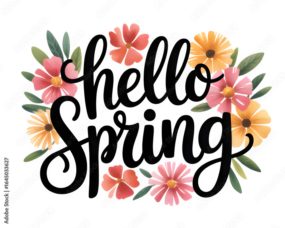 Fototapeta premium “Hello Spring” hand-lettered quote with blooming watercolor flowers, vintage T-shirt print style, centered design, clean white background, graphic tee design