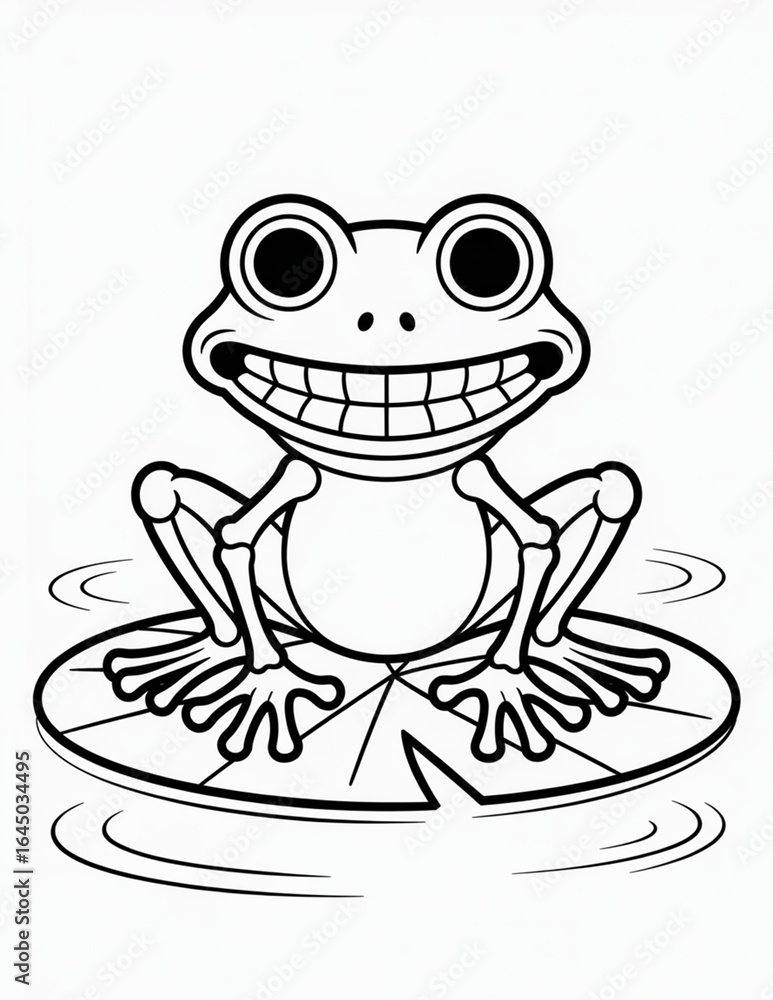 Fototapeta premium Cartoon frog sitting on a lily pad isolated on white background smiling happily, coloring page for halloween