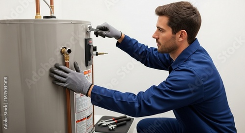 Professional Plumber or Technician Servicing and Repairing a Water Heater Appliance in a Home