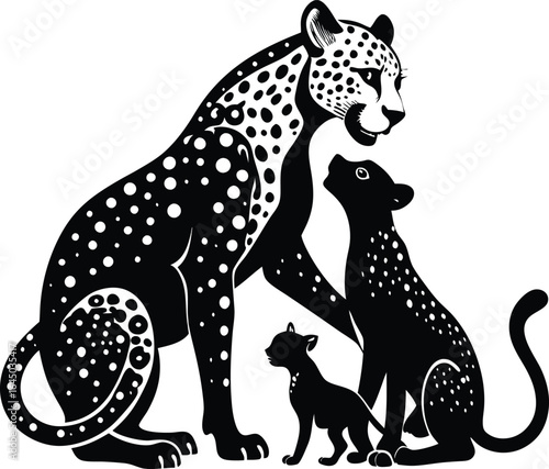 Black and White Cheetah Family Illustration: Mother and Cubs