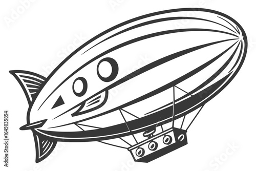 Black and white vector illustration of an airship isolated on white background