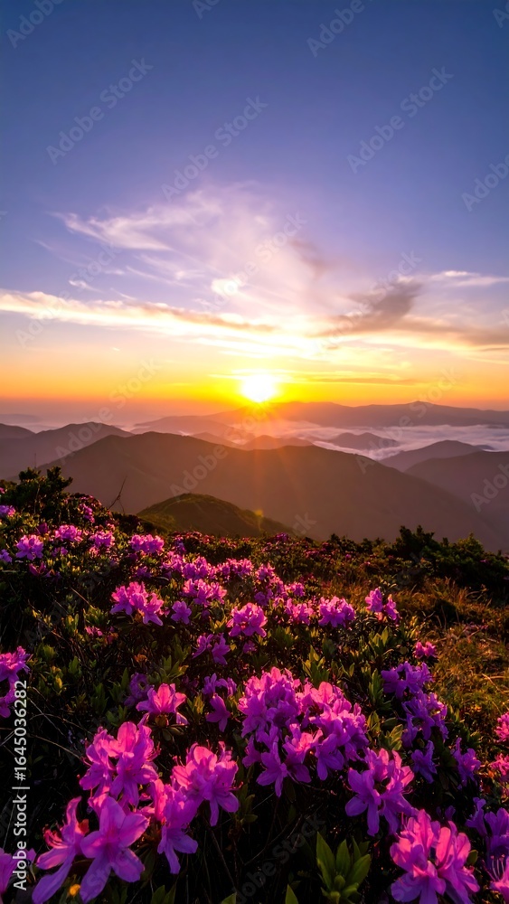 Fototapeta premium Vibrant sunrise over misty mountains, foreground filled with blooming purple flowers