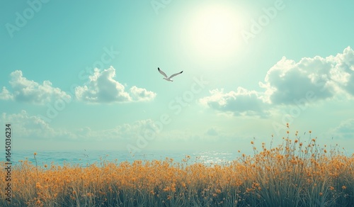 Serene coastal landscape with golden sunlit grasses, vibrant wildflowers, and a lone seagull soaring against a clear blue sky, evoking freedom and tranquility by the calm ocean horizon