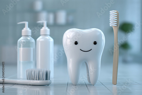 Happy cartoon tooth with toothbrush and dental hygiene products in a bathroom smiling