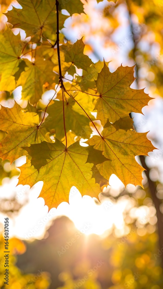 Fototapeta premium Sunlit autumn maple leaves on a branch, bokeh background