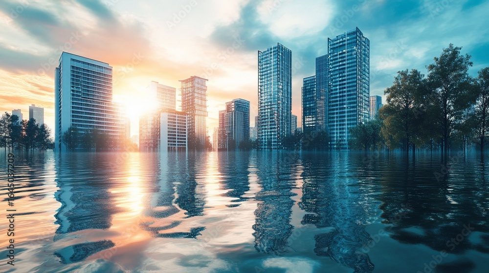 Fototapeta premium Flooded Cityscape Reflecting Golden Sunrise, symbolizing climate change effects