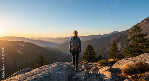 Golden Hour Trek: Woman Overlooking Hazy Mountain Layers at Sunrise