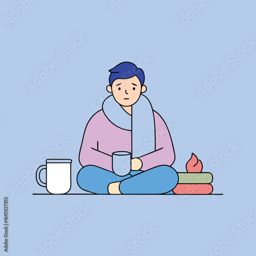 Sick person sitting with cup of hot drink and books on a cold day